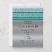 Aqua Turquoise Blue & Silver Sweet 16 Uitnodiginge Kaart (Voorkant)