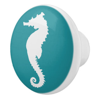 Aqua Turquoise en White Seahorse Coastal Nautical Keramische Knop