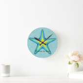 Aqua Turquoise en Yellow Starfish Wall Clock Ronde Klok (Huis)