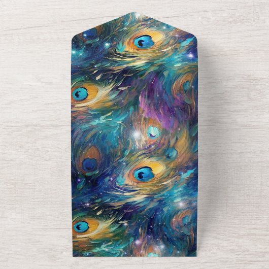 Aqua turquoise gouden pauwenveren all in one uitnodiging (Buitenkant)