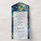 Aqua turquoise gouden pauwenveren all in one uitnodiging (Binnen)