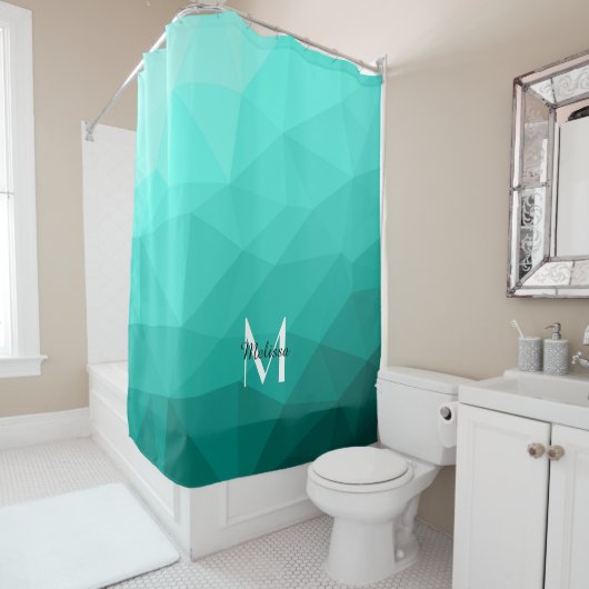 Aqua Turquoise Gradiënt Geometric Mesh Monogram Douchegordijn (In situ)