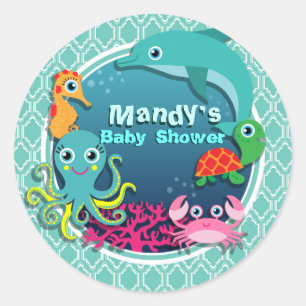 Aqua Turquoise Ocean Life Baby shower Ronde Sticker
