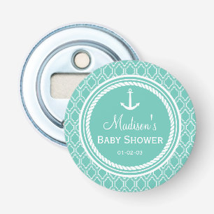 Aqua Turquoise Retro Nautical Anchor Baby shower Button Flesopener