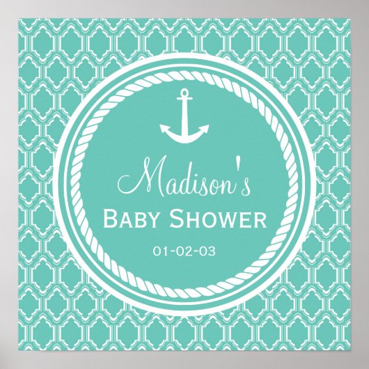 Aqua Turquoise Retro Nautical Anchor Baby shower Poster (Voorkant)