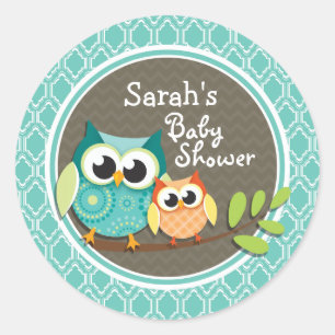 Aqua Turquoise Retro Uilen Baby shower Ronde Sticker