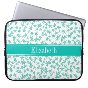 Aqua Turquoise Stars White BG, Blauwgroen naam Mon Laptop Sleeve