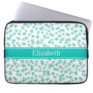Aqua Turquoise Stars White BG, Blauwgroen naam Mon Laptop Sleeve