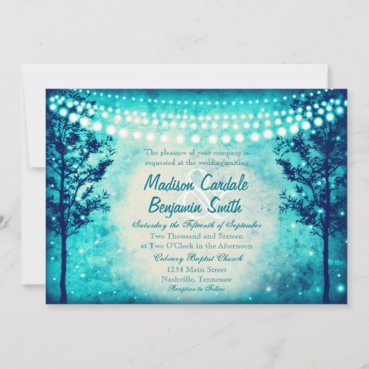 Aqua Turquoise Trees String Lights Wedding Invites Kaart (Voorkant)