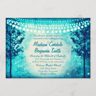 Aqua Turquoise Trees String Lights Wedding Invites Kaart