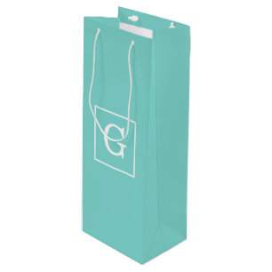 Aqua Turquoise White Framed Initiaal Monogram Wijn Cadeautas