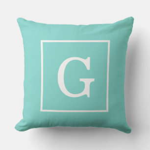 Aqua Turquoise Witte Omlijst Initiaal Monogram Kussen