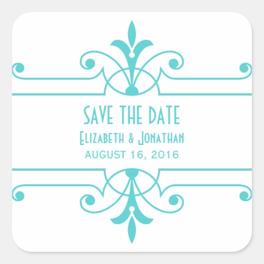Aqua v2 Fancy Ornamental Save Date Stickers (Devant)