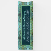 Aqua Vibrant Peacock Feathers Weddenschap Spandoek (Verticaal)