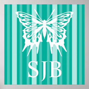 Aqua Victoriaans Lady Stripe met Butterfly Poster