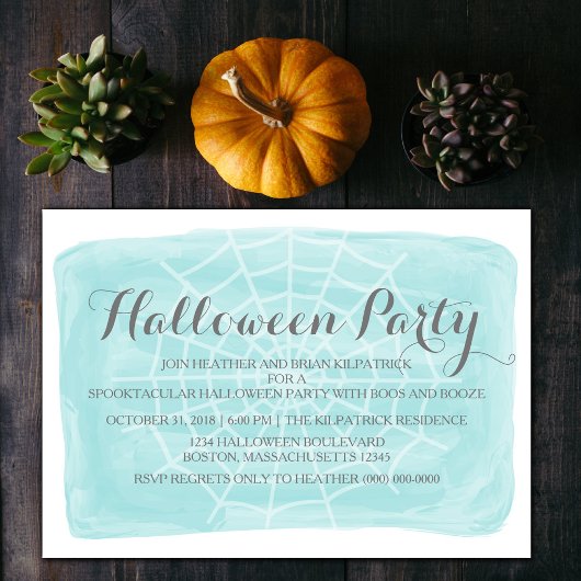 Aqua Watercolor Spider Web Halloween Invitation de