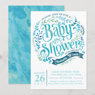 Aqua Waterverf Baby shower Uitnodiging
