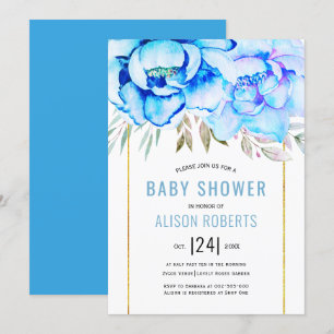 Aqua waterverf bloemen baby shower flora jongen kaart