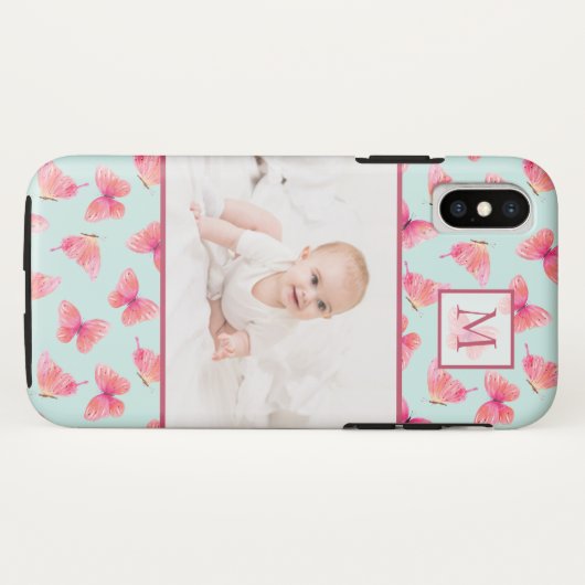 Aqua Waterverf Vlinder Monogram Foto Case-Mate iPhone Case (Achterkant (horizontaal))
