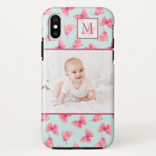 Aqua Waterverf Vlinder Monogram Foto iPhone X Hoesje
