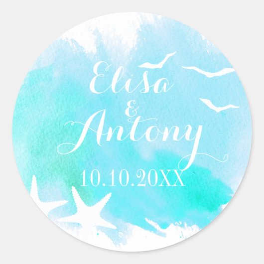 Aqua waterverf, zeesterren bruiloft Save the Date Ronde Sticker (Voorkant)