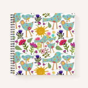 Aqua Whimsical Birds and Flowers Sunny Day Notitieboek