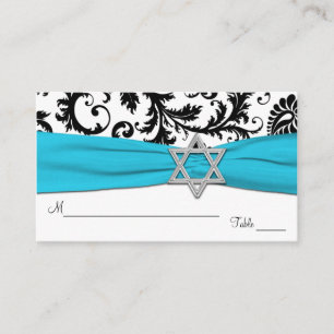 Aqua, White, Black Damask Bat Mitzvah Plaatskaarte Plaatskaartje