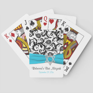 Aqua White Black Damask Bat Mitzvah speelkaarten