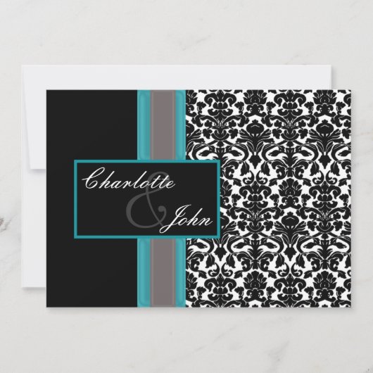 Aqua White Black Damask Wedding Invitations Kaart (Voorkant)
