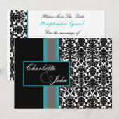 Aqua White Black Damask Wedding Invitations Kaart (Voorkant / Achterkant)