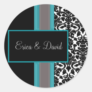Aqua White Black Damask Wedding Invitations Ronde Sticker