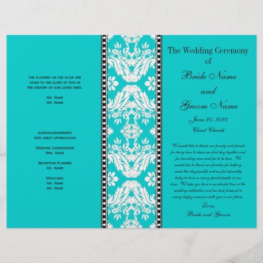 Aqua White Damask Wedding Program (Voorkant)