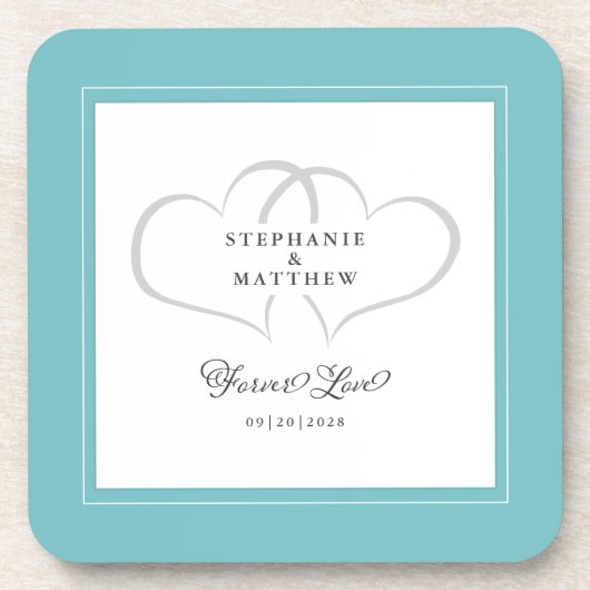 Aqua & White Elegant Wedding Hearts Forever Love Bier Onderzetter (Voorkant)