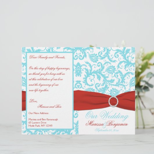 Aqua, White en Red Damask Wedding Program (Staand voorkant)