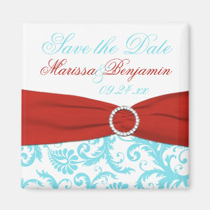 Aqua, White et Red Damask Save the Date Magnet
