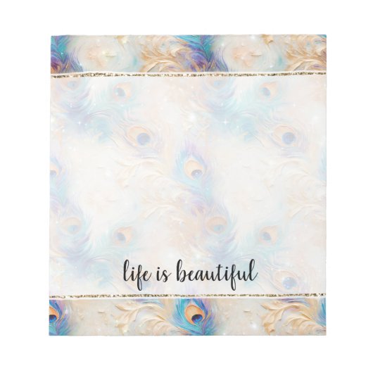 Aqua White Gold Peacock veren Notitieblok (Voorkant)