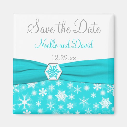 Aqua, White, Grey Snowflakes Save the Date Magnet (Devant)