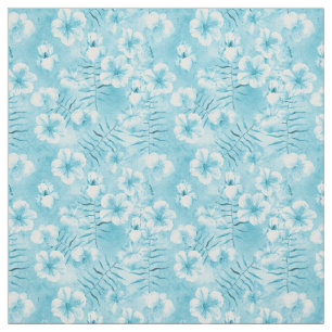 Aqua White Hibiscus Orchids Tropical Floral Stof