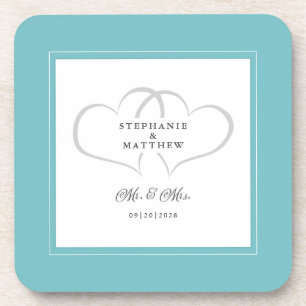 Aqua White Huwelijk Mr & Mrs Elegant Chic Harten Bier Onderzetter