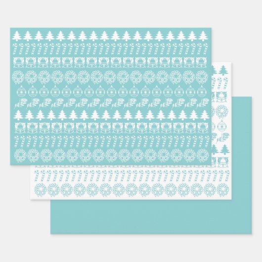 Aqua/White Kerstmis Iconic Pattern Inpakpapier Vel (Set)