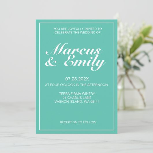 Aqua & White Modern minimalist Wedding Invitation Kaart (Staand voorkant)