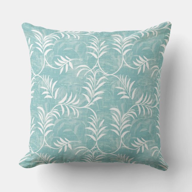 Aqua & White Palm Leaf Sierkussen (Voorkant)