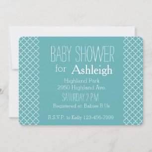 Aqua White Quatrefoil baby shower Kaart