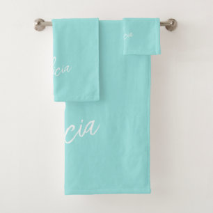Aqua white signature script name gepersonaliseerd bad handdoek