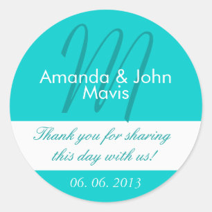 Aqua White Simple Initiaal Wedding Favor Bedankt Ronde Sticker