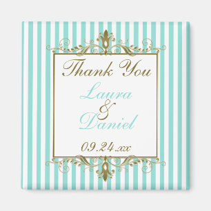 Aqua, White Stripes Gold Scrolls Wedding Favor Magneet