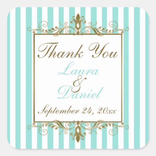 Aqua, White Stripes Gold Scrolls Wedding Favor Vierkante Sticker (Voorkant)