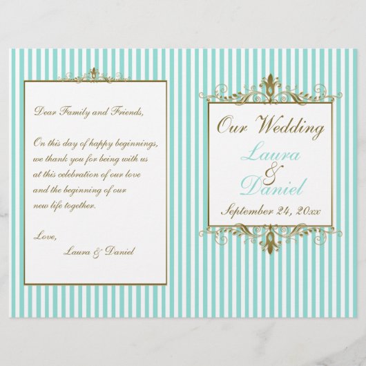 Aqua, White Stripes Gold Scrolls Wedding Program (Voorkant)
