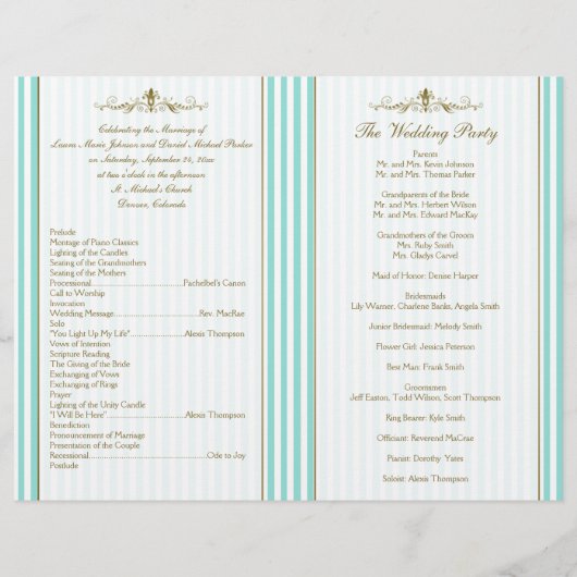 Aqua, White Stripes Gold Scrolls Wedding Program (Achterkant)
