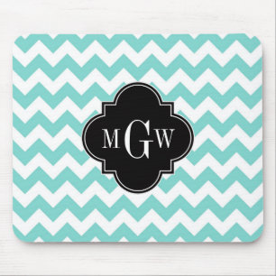 Aqua Wht Chevron Black Quatrefoil 3 Monogram Muismat